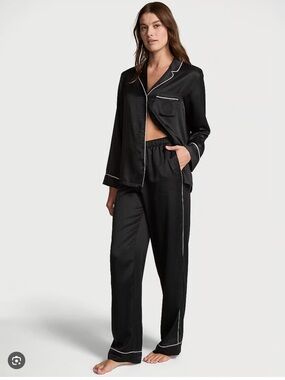Victoria's Secret Black Satin Pajama Set with White Piping